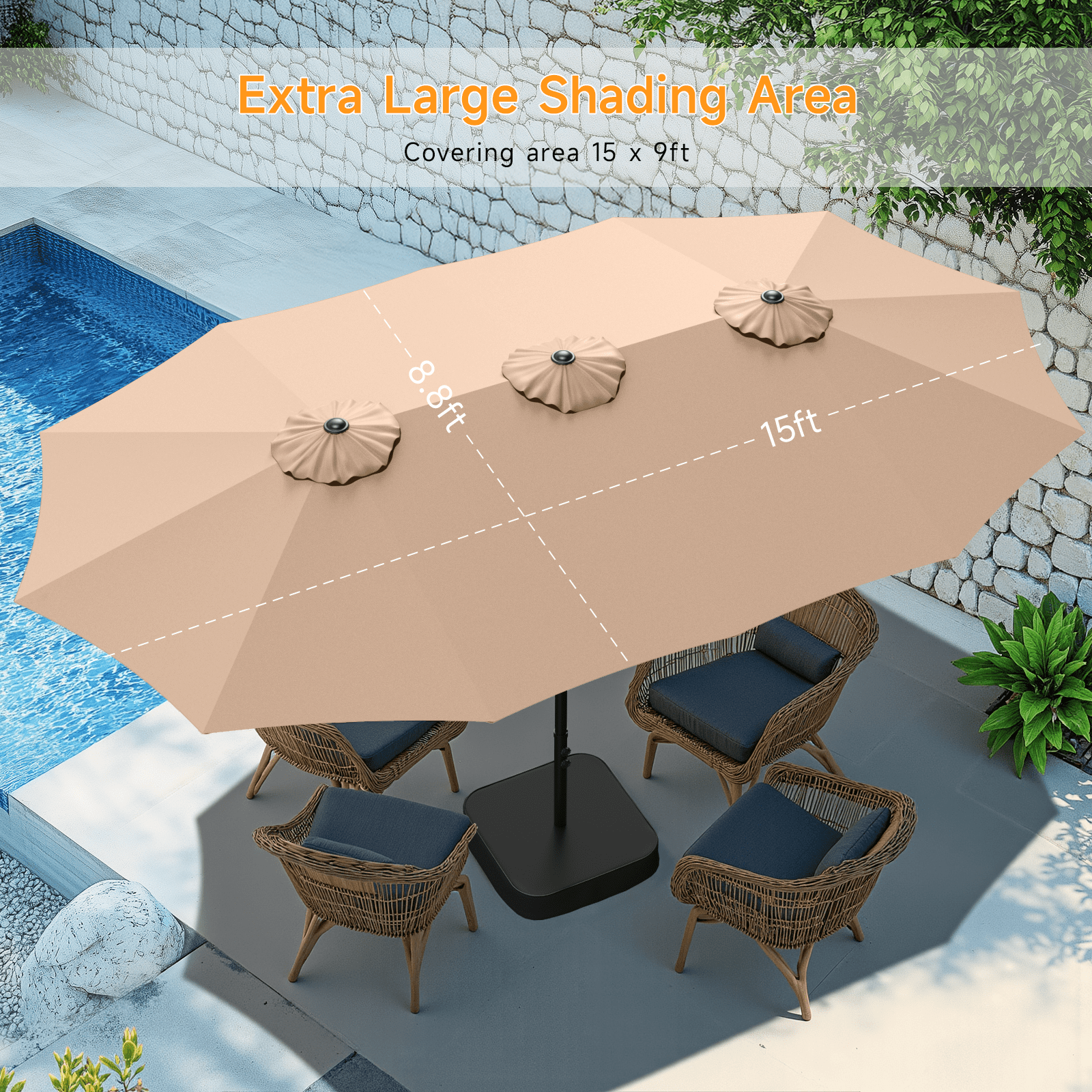 Dovov 15ft Outdoor Patio Umbrella with Base Included, Double Sided Extra Large Outdoor Market Umbrella Rectangular Table Umbrellas with Crank Handle for Outside Pool Lawn Garden, Beige