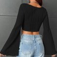 thumbnail image 4 of WREESH Women's Bell Sleeve Crop Top Casual Comfortable Solid Long Sleeve Tops Fashion U-Neck Top Black, 4 of 9