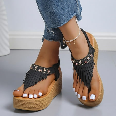 

jjayotai Sandels for Women Clearance Summer New Fish Mouth Retro Wedge Heel Platform Sandals Women s Roman Shoes Flash Picks Black