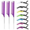 thumbnail image 1 of Juego de pinzas para el cabello con peine de cola de rata: 3 peines de cola de rata para peinar el cabello para mujeres y 7 pinzas para el cabello seccionables profesionales (púrpura), 1 of 5