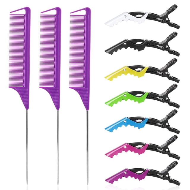 Juego de pinzas para el cabello con peine de cola de rata: 3 peines de cola de rata para peinar el cabello para mujeres y 7 pinzas para el cabello seccionables profesionales (púrpura)