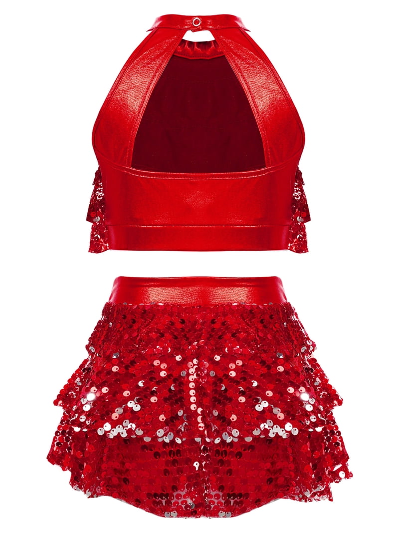 DPOIS Girls Kids Sequins Halter-Neck Dance Crop Top with Tutu Skirt Red 4 -  Walmart.com