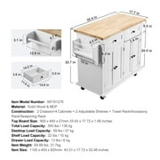 BENTISM 35.4 Kitchen Island on Wheels Cart Rubber Solid Wood Countertop Rolling Storage Cabinet with 2 Drawers & Spice Rack & Towel Holder, White