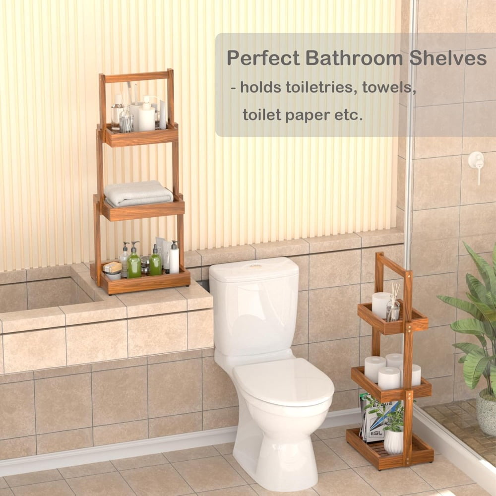 Teak Organizer for Bathroom Kitchen - Use as Shower Caddy Towel Holder Toilet Paper Storage Fruit Basket Spice Rack with Non-Slip Base
