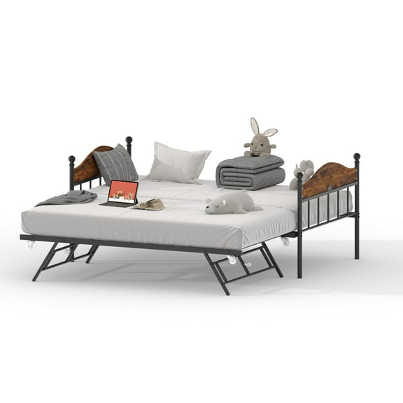 Twin Daybed with Trundle, Metal Platform Bed Frame with Foldable Trundle, Stylish Headboard,Heavy Duty Steel Slats, Space-Saving for Bedroom, Guest Room, Living Room