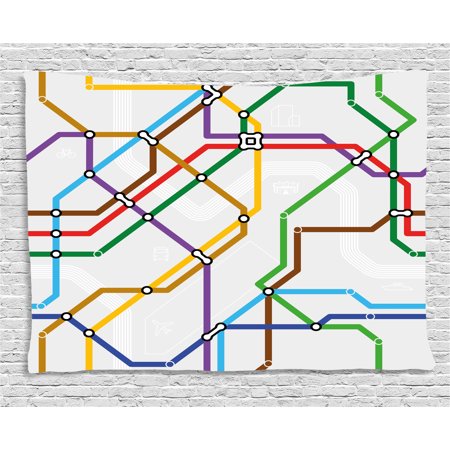 Railroaded Stripe - Map Tapestry, Stripes in Vibrant Colors Metro Scheme Subway Stations Abstract Railroad Transportation, Wall Hanging for Bedroom Living Room Dorm Decor, 60W X 40L Inches, Multicolor, by Ambesonne