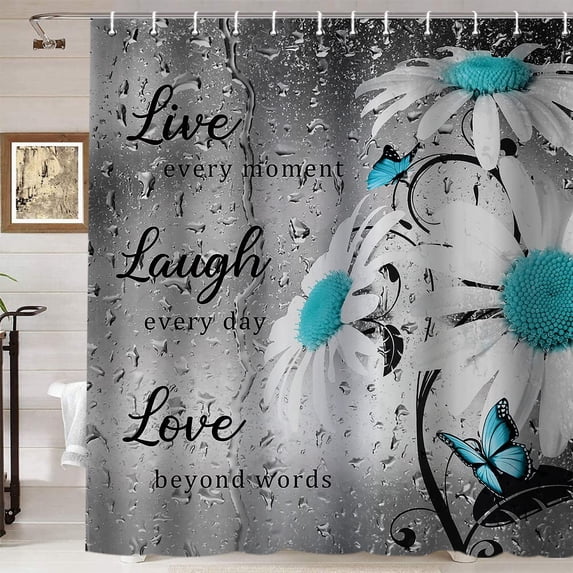 Teal Floral Shower Curtain, Live Laugh Love Inspirational Quote Turquoise White Daisy Flower Blue Butterfly Modern Bathroom Decor, Waterproof Fabric Shower Curtain Set, 72 X 72 Inch, Raindrop