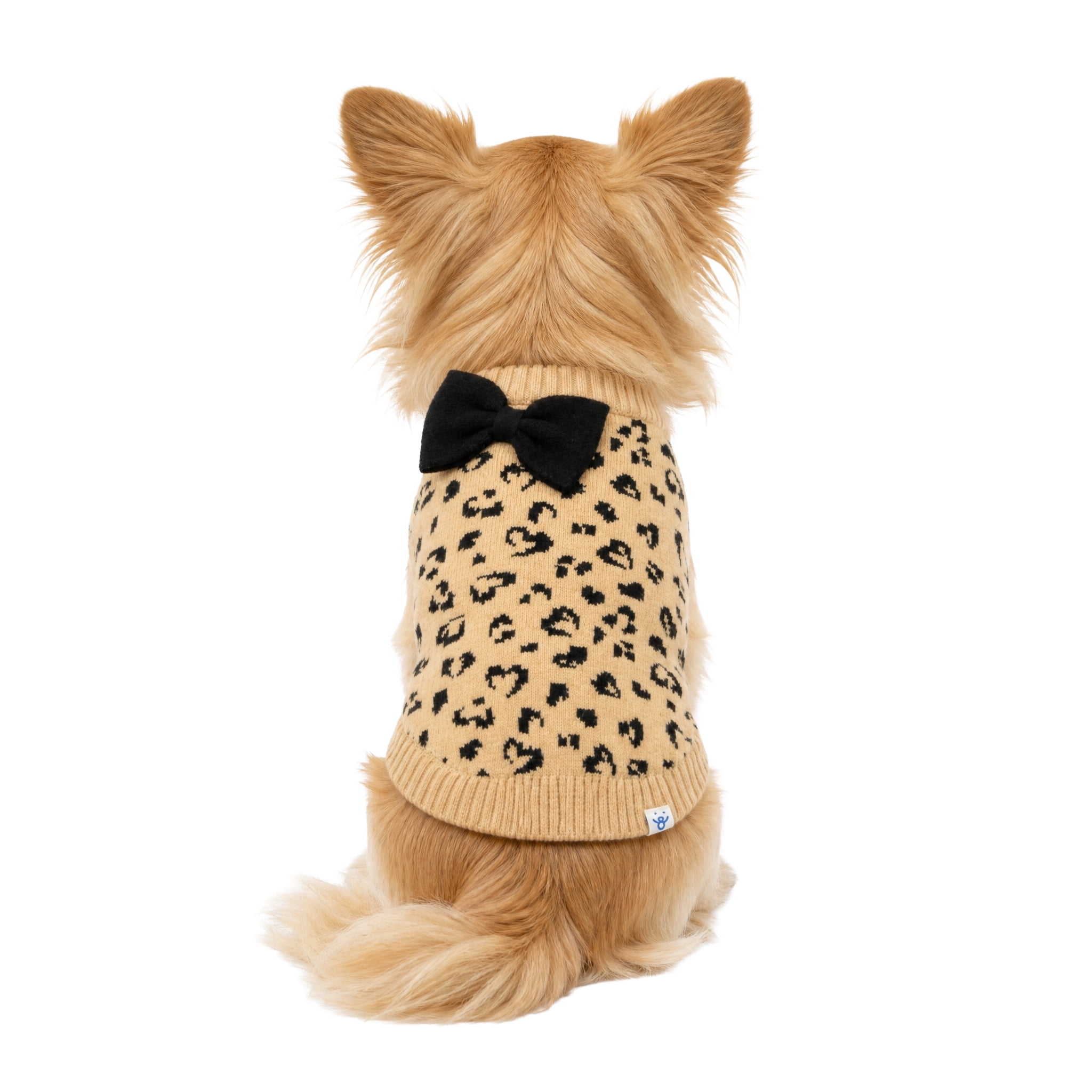 Oodles Leopard Print Bow Fall Dog Sweater, Tan, XS