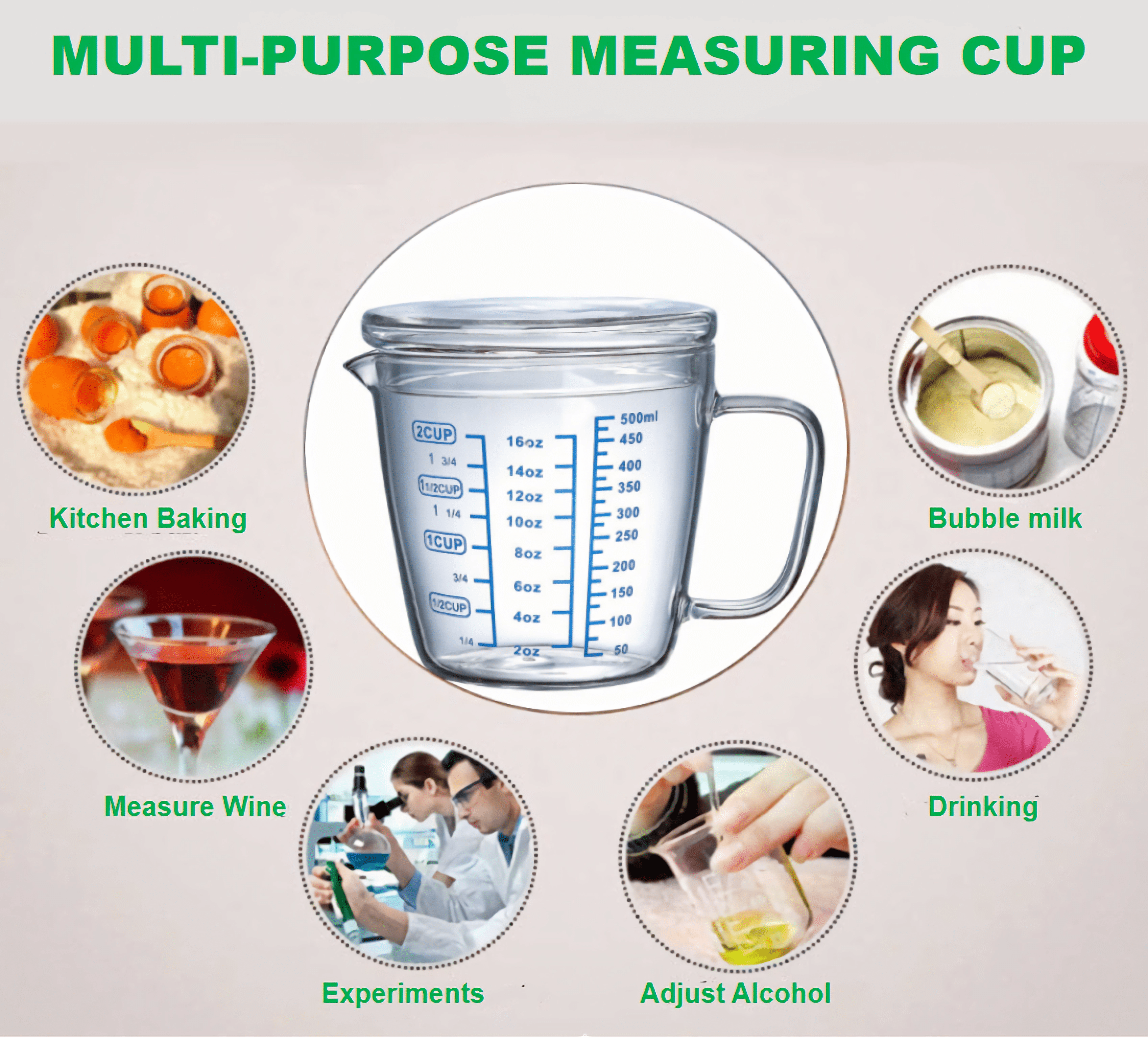 Glass Measuring Cup with Lid,Graduated Beaker Coffee Mug with Handle,Borosilicate Glass V-Shaped Spout Measure Liquid Milk Cup for Cooking Baking  (2cup/16oz/500ml)