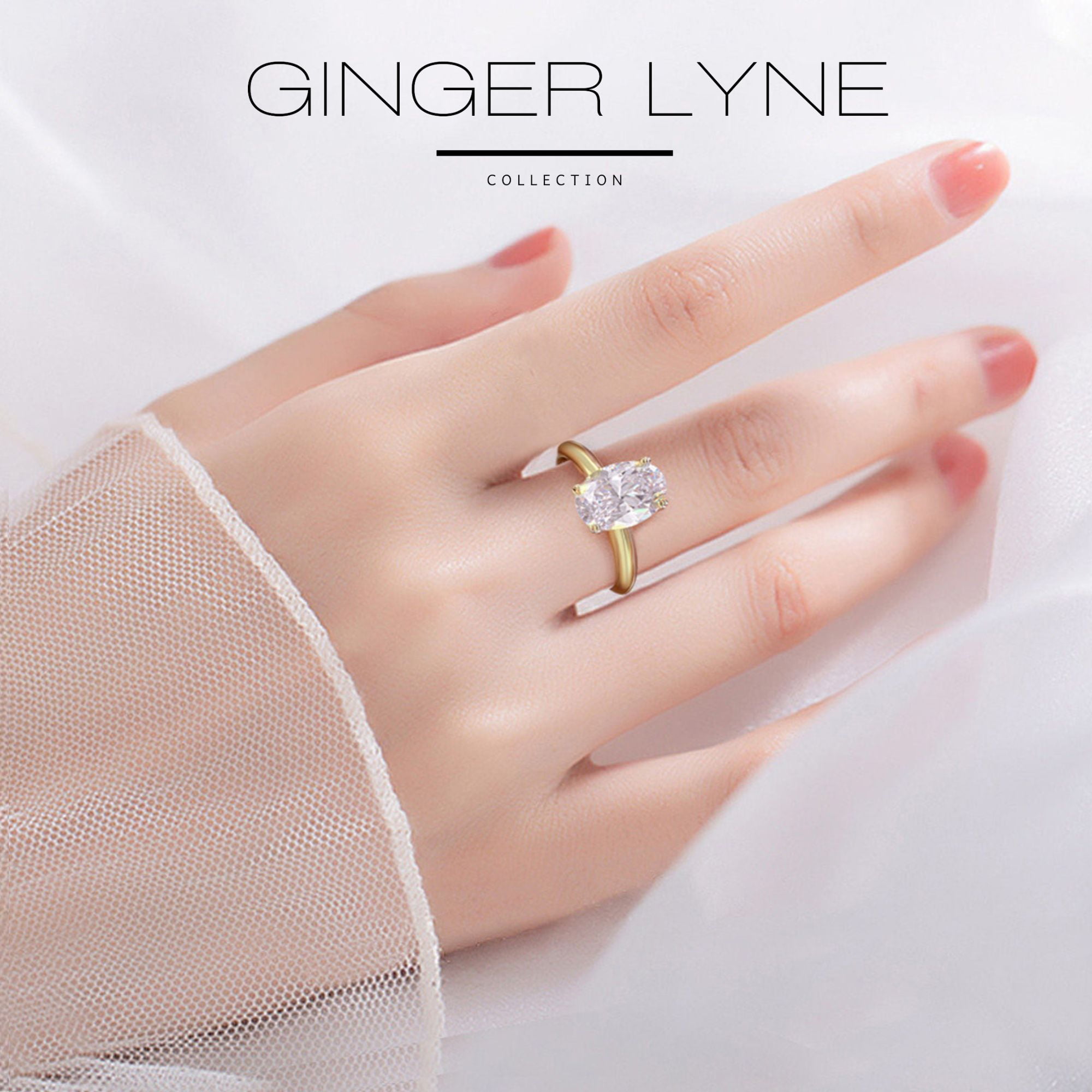 Solitaire 3Ct Oval Cut Engagement Ring for Women 14kt Gold Plated Sterling Silver 8A CZ Ginger Lyne Collection