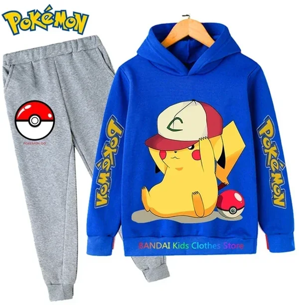 Conjunto de ropa deportiva de algodón con capucha para niño Y niña, traje de Sudadera con capucha de Pokémon, Pikachu, pantalones, ropa para 2 peces, 3, 4, 5, 6, 7, 8, 9, 10, 11, 12, 13, 14 años