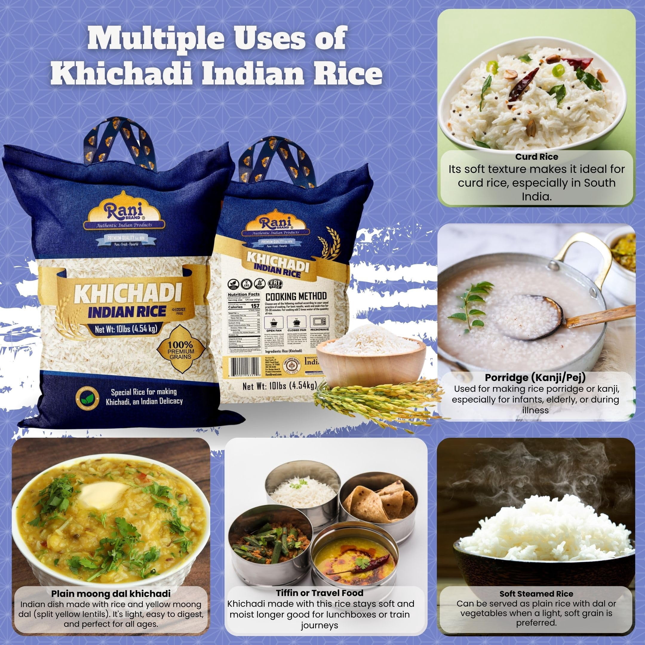 Rani Khichadi Indian Rice 160oz (10lbs) 4.54kg Cloth Bag ~ All Natural | Gluten Friendly | Vegan | Kosher | Export Quality | Indian Origin