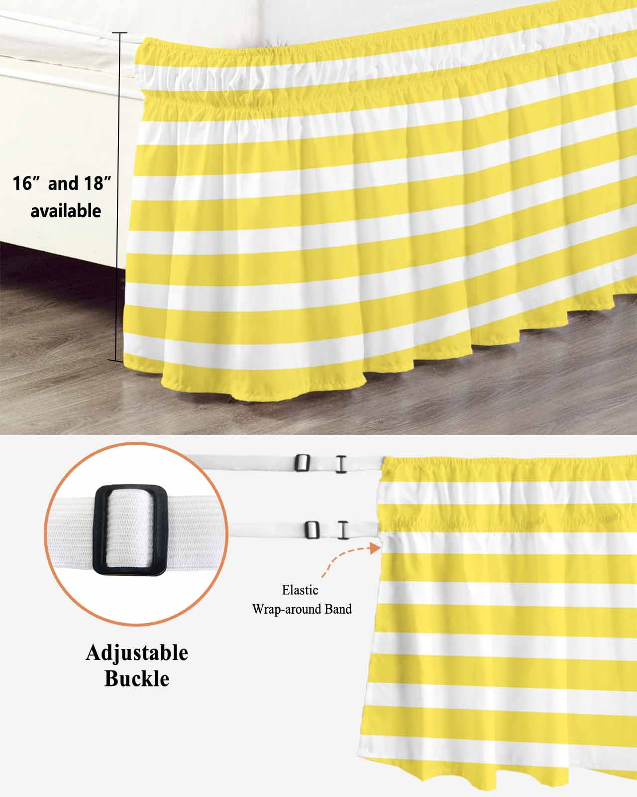 Yellow Striped Wrap Around Bed Skirts for Queen Bed 16" Drop,Bed Skirt with Adjustable Elastic Belt Dust Ruffle Bed Valance for Bedroom Hotel Modern Simple Monochrome Geometric White Bed Frame Cover