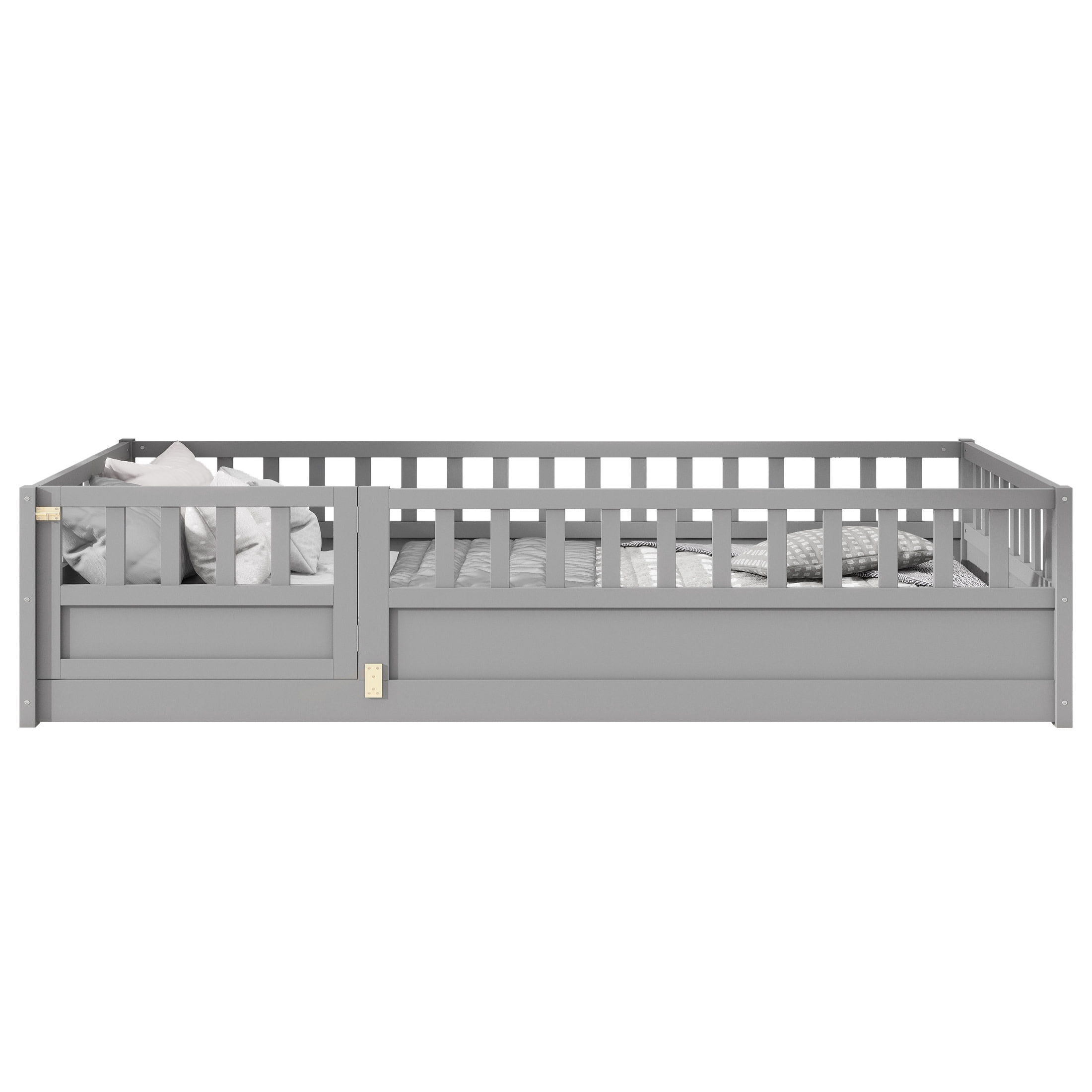 Noble House Twin Size Montessori Floor Bed with Guardrails and Door, Wood Kids Bed Frame, Gray