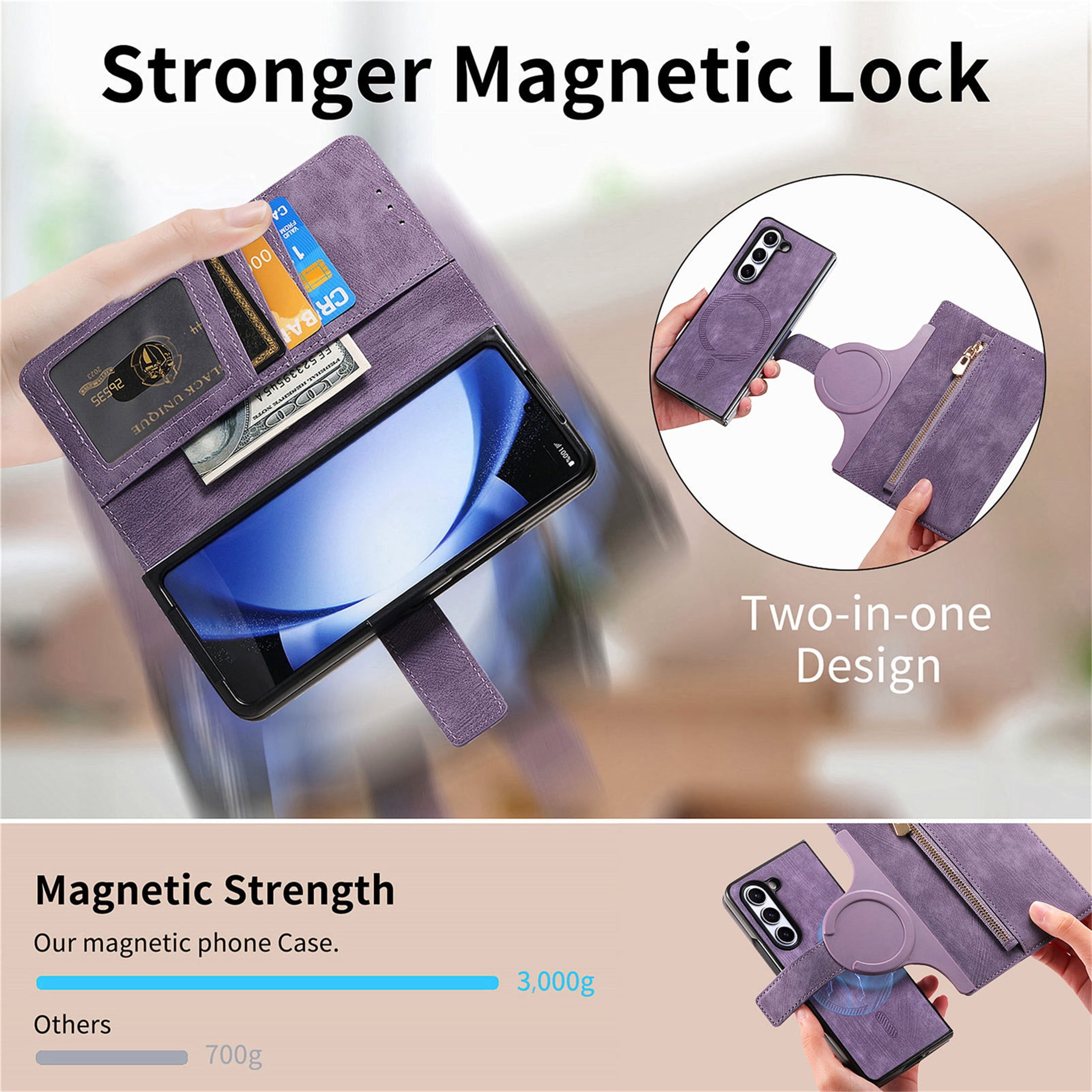 CCSmall for Samsung Galaxy Z Fold 6 5G Detachable Magnetic Wallet Phone Case, RFID Blocking Material Retro Folio Flip Leather Case Zipper Purse Cover with Card Slots for Galaxy Z Fold6 KQX Purple