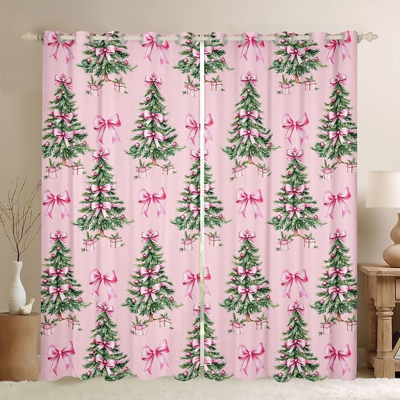 Manfei Xmas Tree Black Out Curtains for Kids Teens Girls,Pink Ribbon Bow Curtains Pack of 2 (42x63 Each),Merry Christmas Bedroom Curtains,Microfiber Bedroom Decor