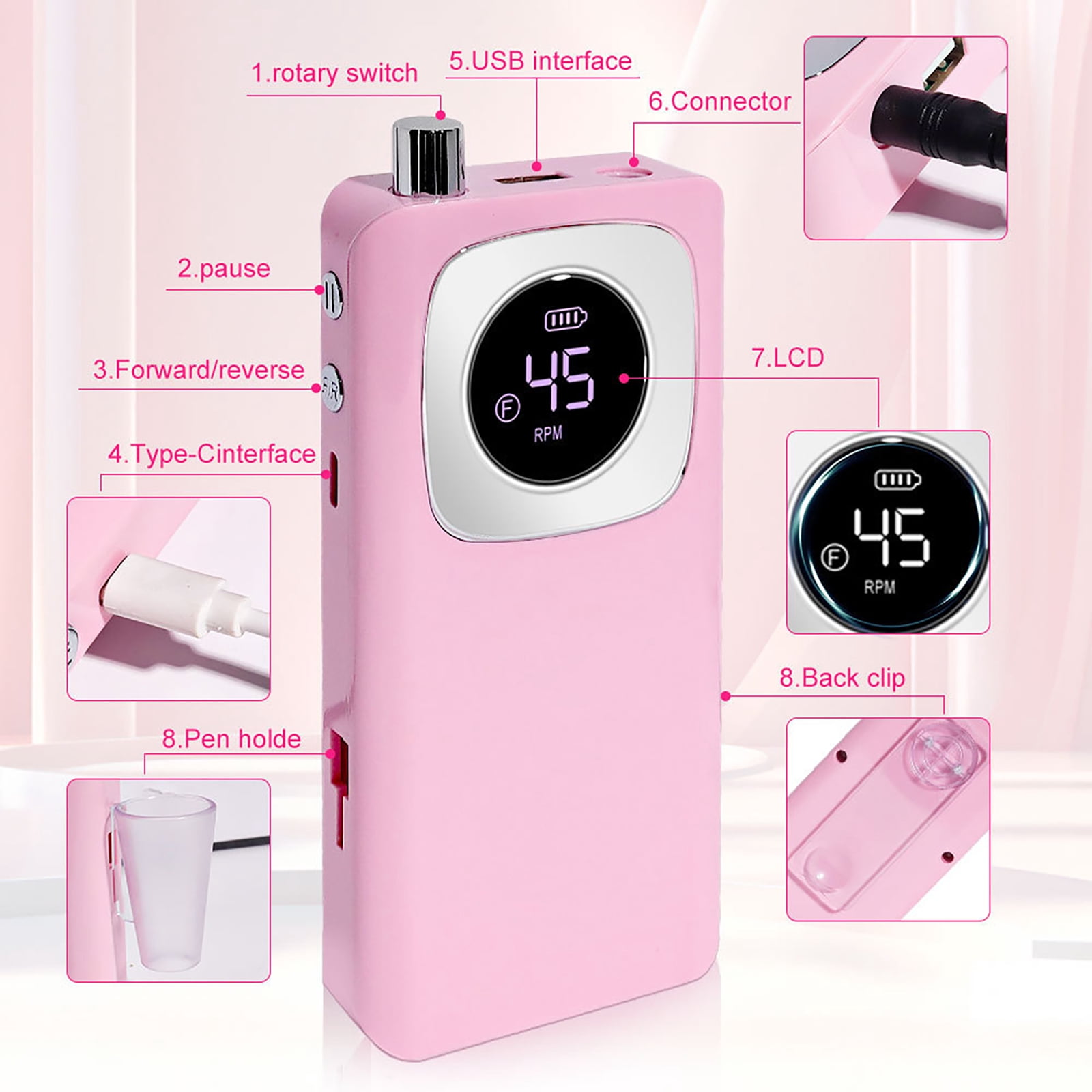 Btidfty Electric Nail Drill 45000RPM Rechargeable Cordless E-file with Bits Kit Portable Nail File for Acrylic Gel Polishing Removing (Pink)