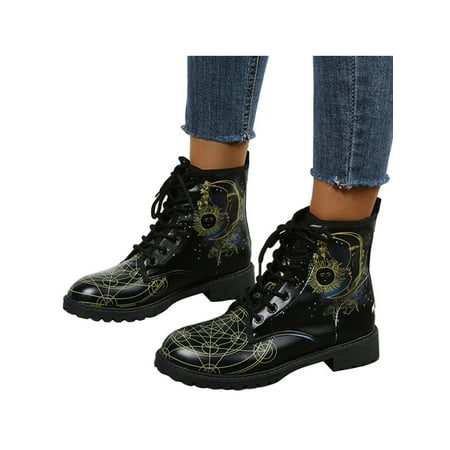 

Gomelly Unisex Ankle Bootie Floral Fashion Boots Lace Up Work Boot British Style Winter Shoes Outdoor Holidays Short Booties Moon 6