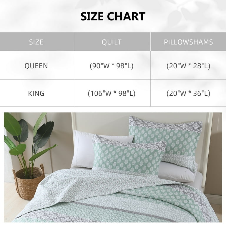 SahSahCasa Quilt Set Queen Size 100 Cotton Farmhouse Floral Queen Quilt Set Lightweight Quilted Bedspread Green Grey Reversible Queen Quilt