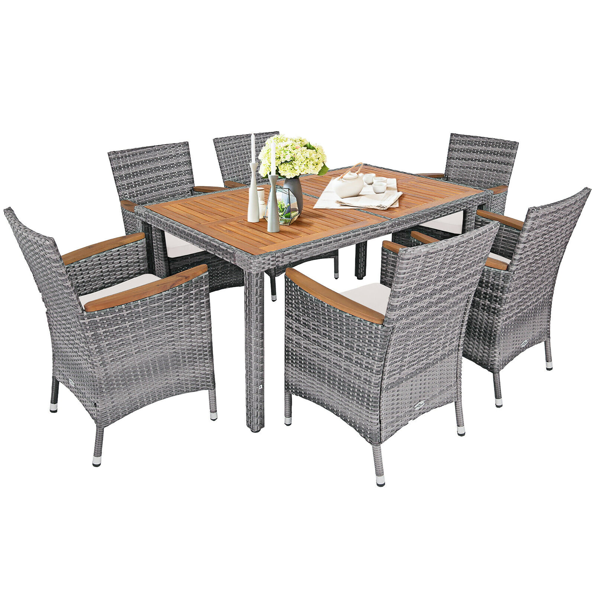 Suitable for Backyard Poolside Patio Rattan Conversation Set with Spacious Acacia Wood Table 6 Chairs with Widened Armrests Non-slip Foot Pads Tangkula 7 Pieces Outdoor Dining Furniture Set Grey 