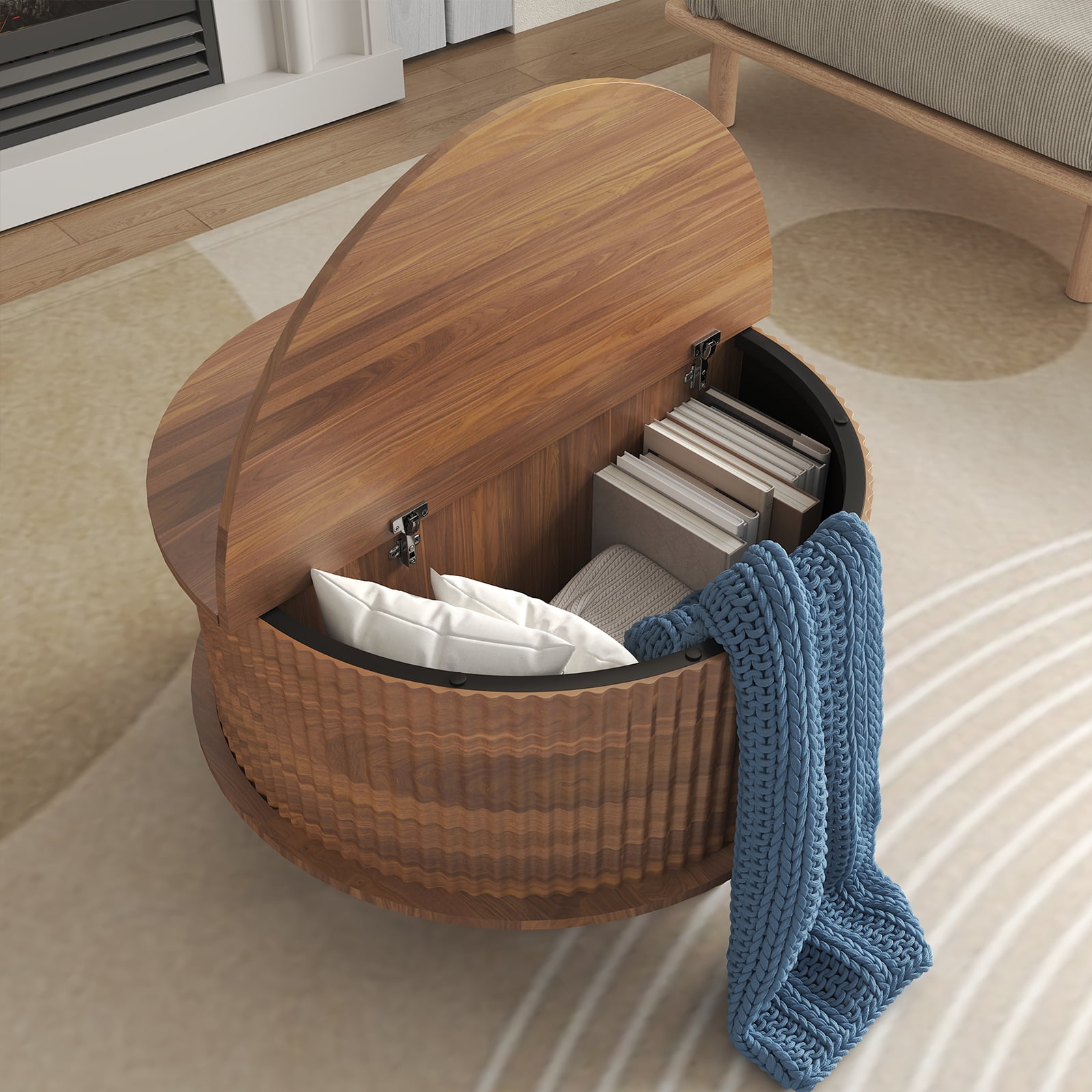 Strafriture Round Coffee Table with Storage, 30.7" Modern Coffee Table with 360° Curved Sliding Door, Fluted Wood Coffee Table with Footpads, Round Center Table for Living Room, Walnut