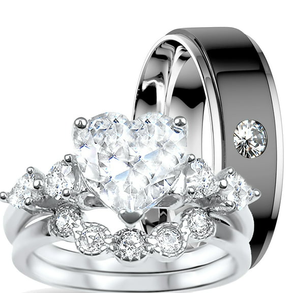 His Hers CZ Wedding Ring Sets Silver His Hers Wedding Bands Men Women (8/13)