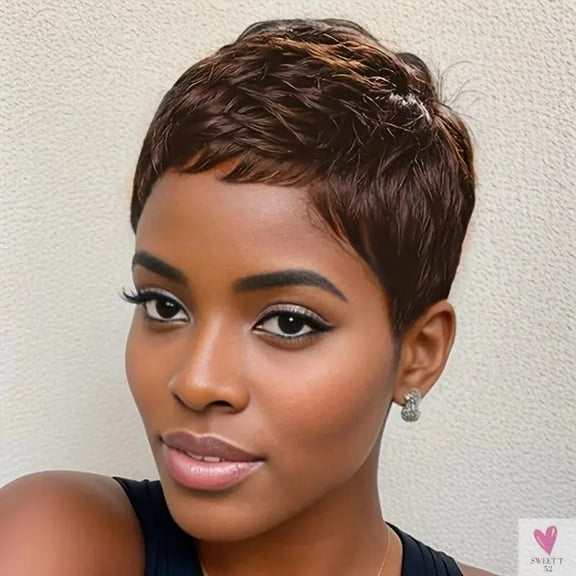 Pixie Cut 4 Inch 150% Density Machine Made Short Straight Layered Human Hair Wigs for Women, Remy Hair. Daily Use
