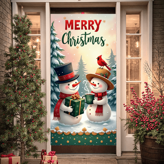 Decorative Design Merry Christmas Banner Holiday Theme Snowman Scene Decorative Green Trees for Winter Celebration Indoor Decoration Seasonal Party