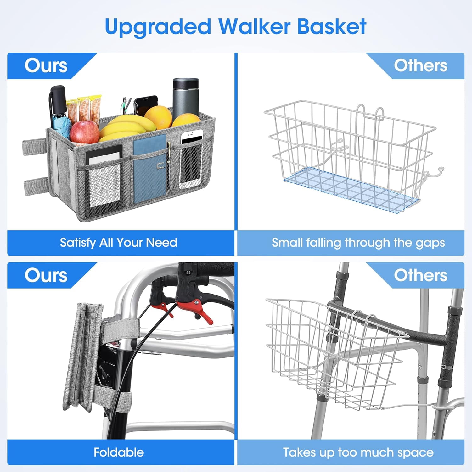 KitchenKey Upgraded Walker Basket with Cup Holder, Foldable Walker Bag with Large Capacity & Never Tipping Over, Not Fit for Rollator - Grey