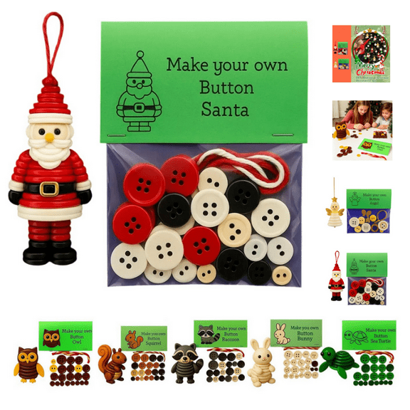DIY Button Craft Kit, Animal Theme Fun Button Christmas Tree Ornament Kit, Christmass Tree Hanging Decorations, DIY Ornaments Kits (Santa Claus)