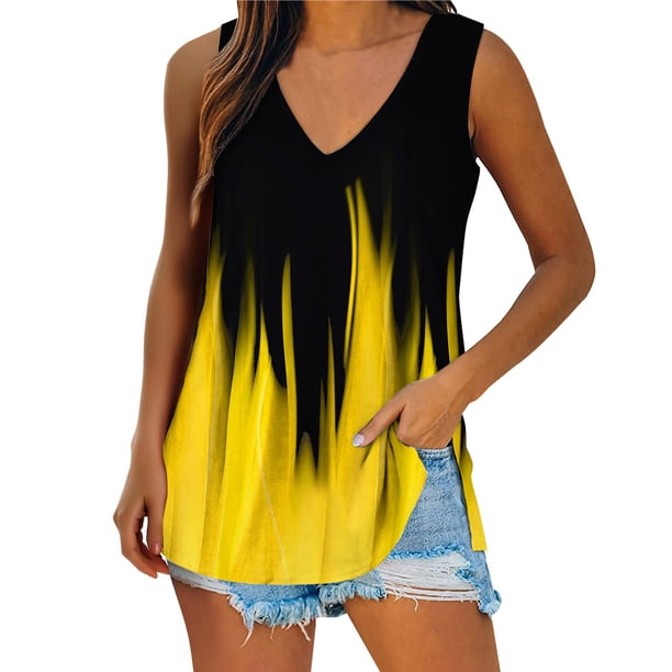 Playeras,Blusas y Tops,Ropa para Mujer Recortada camisetas sin mangas para las mujeres Mujeres Casual Tie Dye Impresión Cuello en V Sin mangas Chaleco Camiseta Blusa Tops (Yellow, L)