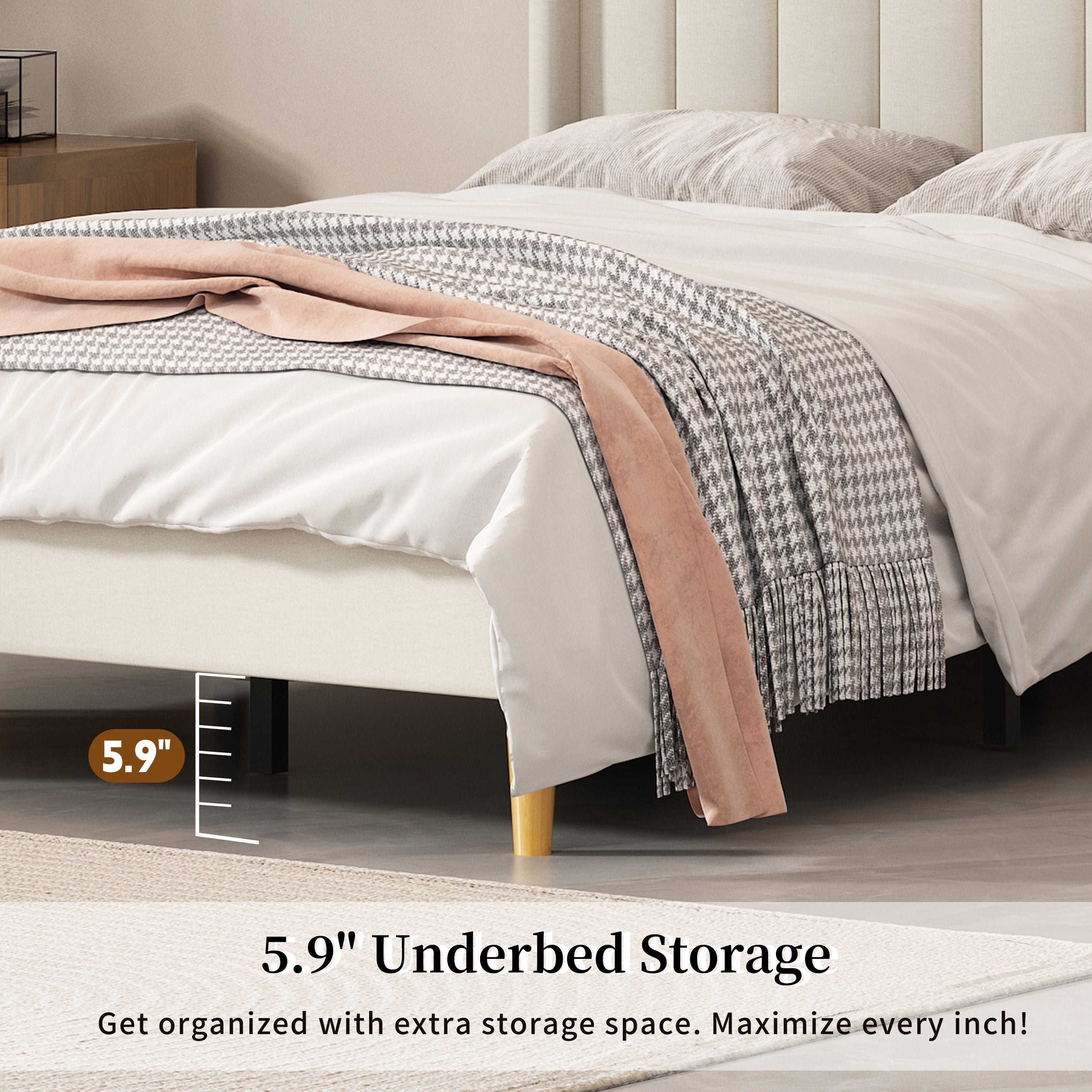 Twin Size Upholstered Bed Frame,40.9" High Headboard,Strong Metal Frame,Wooden Slats Support,No Box Spring Needed,Easy Assembly,Linen Fabric,Beige