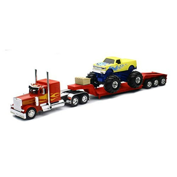 NEWRAY Nouveau 1:32 Camion et Remorque Collection - Modèle Rouge Peterbilt 379 LOWBOY avec Monster Truck Diecast Modèle Jouets