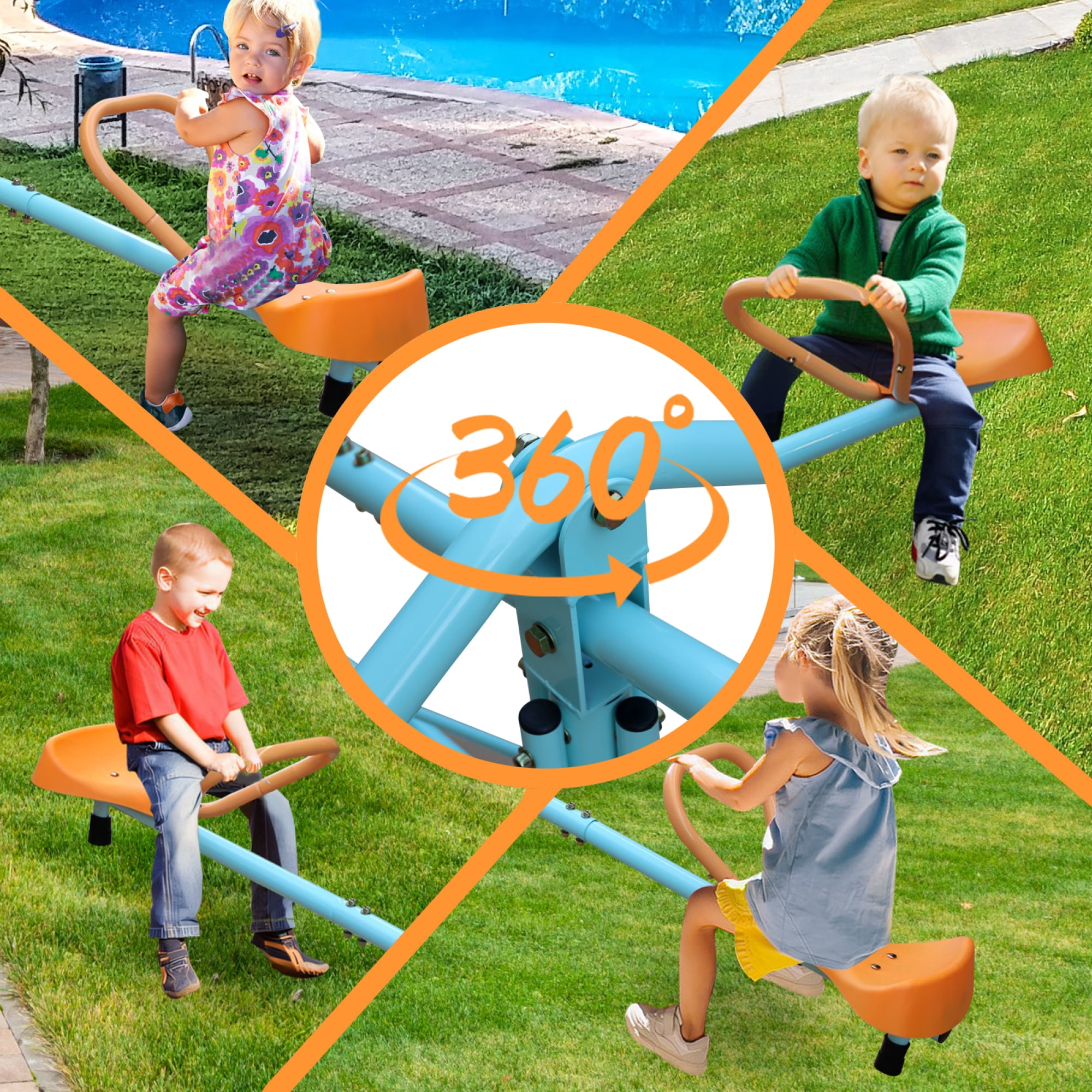 Teeter Totter for Kids,Kids Seesaw Swivel Teeter Totter Home Playground Equipment,360 Degrees Rotating Safe,4-Seats for Kids,Boys, Children,Blue Orange