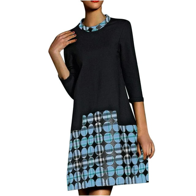 CEHVOM Women Retro Short Patchwork Evening O-Neck Party Prom Vintage Dress