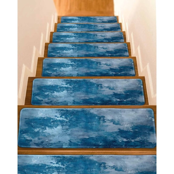 Vintage Blue Stair Treads for Wooden Steps Indoor Runner Rug Carpet, Oil Painting Modern Abstract Art 10 Pieces Peel and Stick Staircase Step Treads Covers Washable Throw Door Mats, 30"x8"