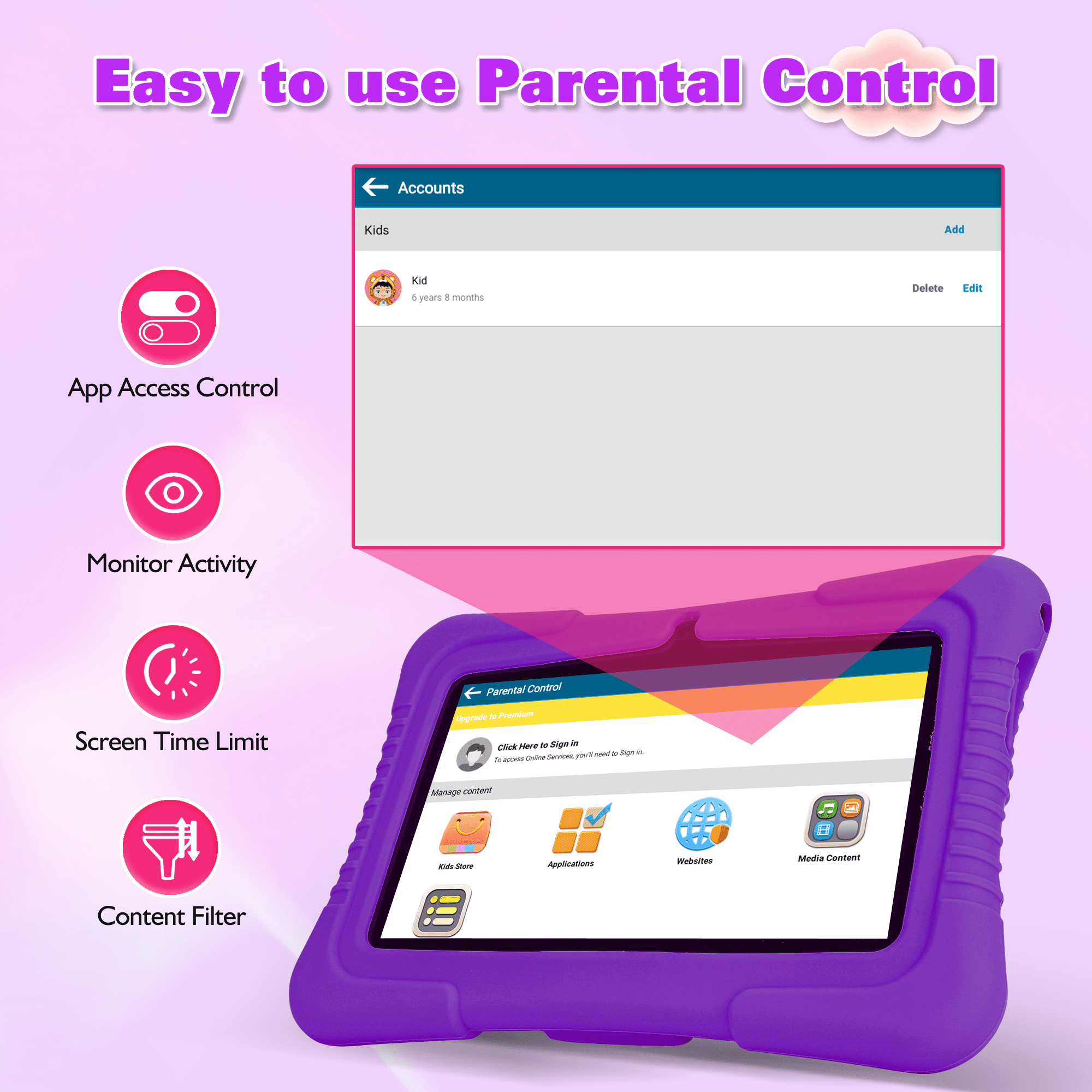 Veidoo 7 inch Android Kids Tablet, 2GB RAM 32GB Storage, Learning Tablet for Children, WiFi, Bluetooth, Dual Cameras, Parental Control, Toddler Tablet with Silicone Case (Purple)