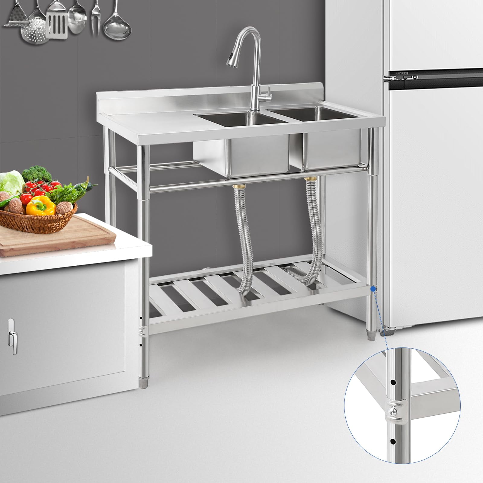 Huisuilinss Stainless Steel Utility Sink, 2-Compartment Commercial Kitchen Sink with Pull-Out Faucet, 47 Inch 39Inch Freestanding Sink with Workbench and 2 Storage Shelves for Laundry Room Bathroom