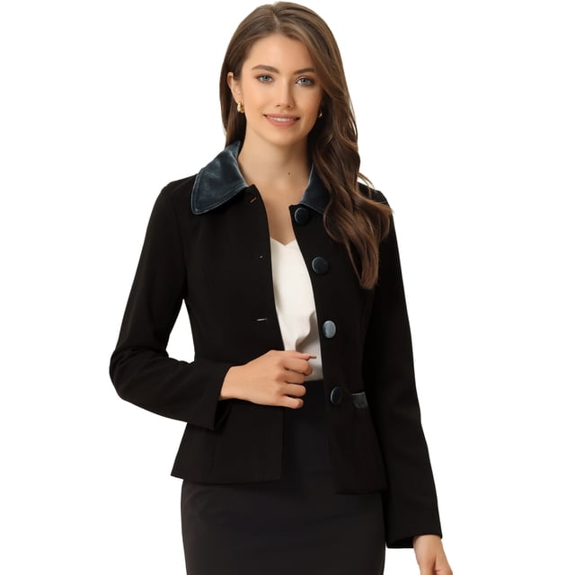 Elegante chaquetón de invierno con cuello vuelto y bolsillos en contraste para mujer Negro M