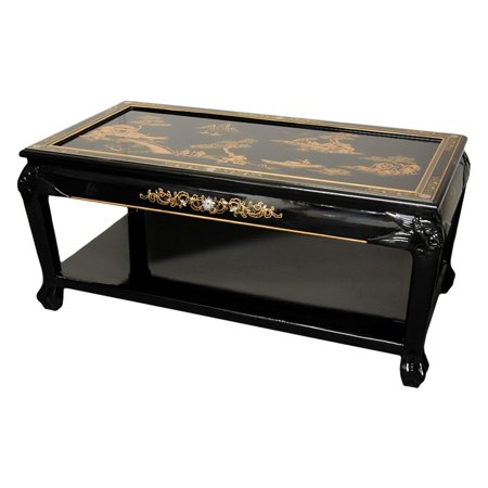 Oriental Furniture Lacquer Coffee Table with Shelf, Black Landscape