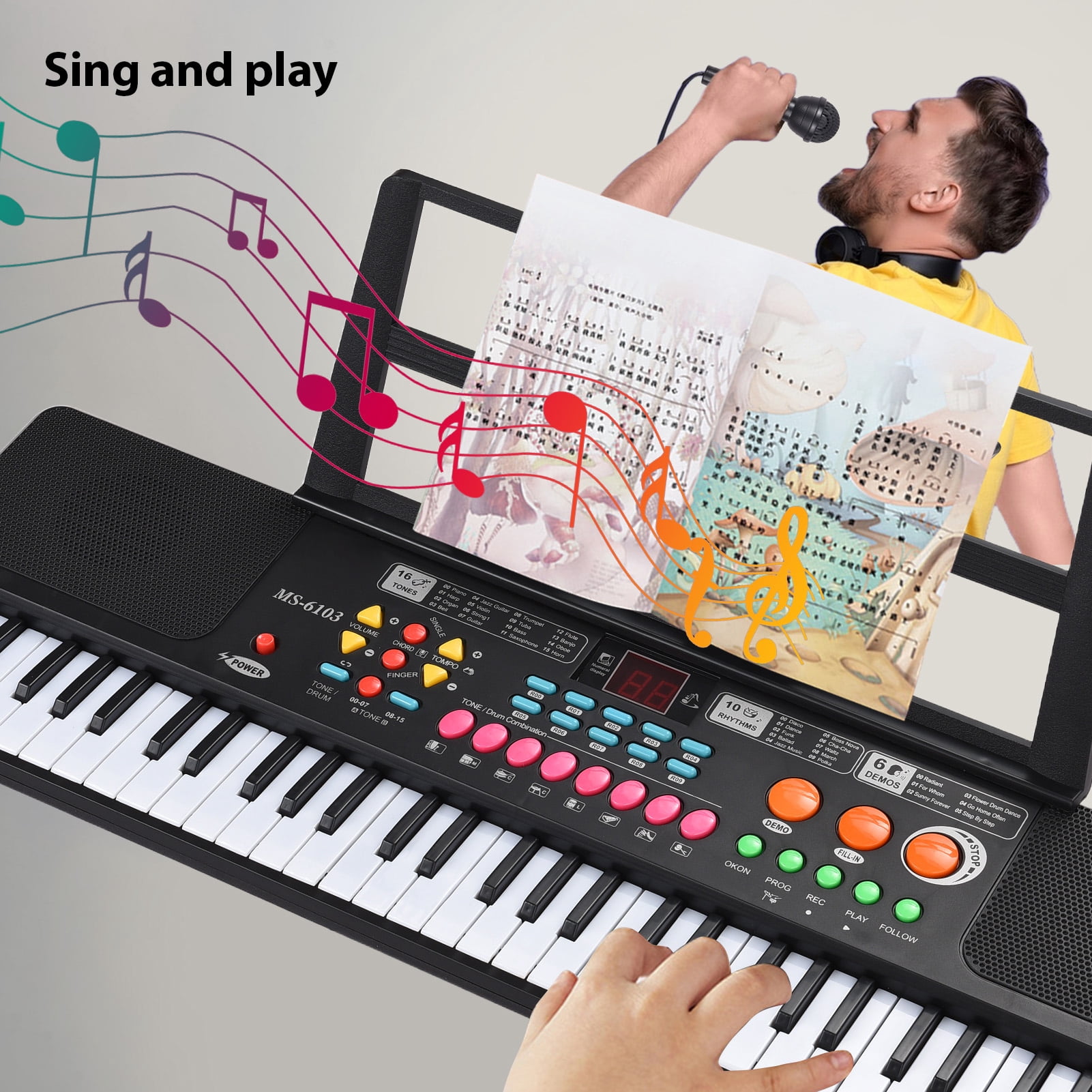 electric piano Piano 61 Key Electronic Keyboard Piano Dual Speaker 16 Tones 10 Rhythms 6 Demo Musical Instrument with Microphone and Music Score Stand Portable Music Piano Keyboard for Beginners