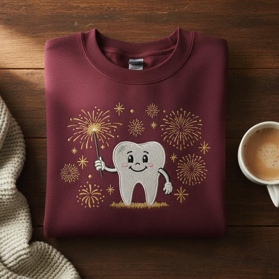 New Year's Eve Tooth Embroidered Sweatshirt, Dentist Firework Crewneck, Hygienist Party Gift, Dental Office Jumper