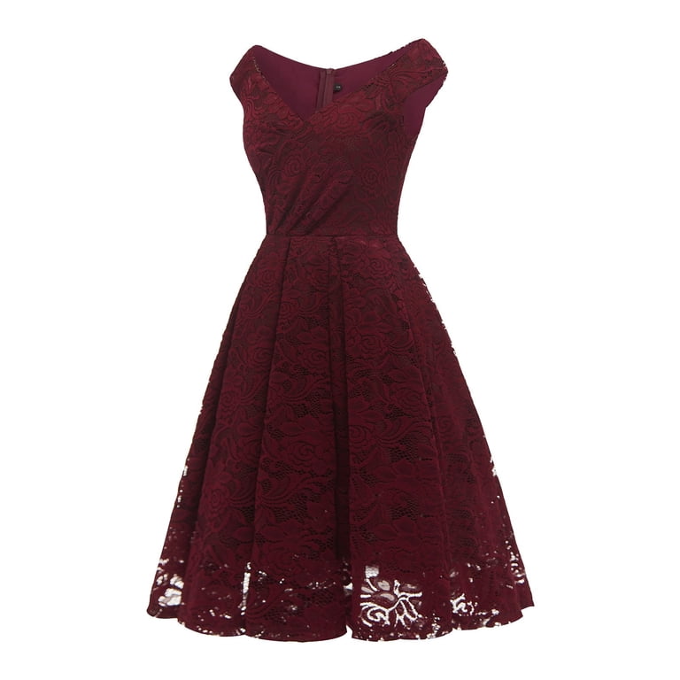 fartey Womens A Line Lace Dress Pleated Flowy Sleeveless V Neck Evening  Party Midi Sundress Tunic Solid Color Cocktail Dresses - Walmart.com