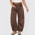 thumbnail image 2 of Women's Corduroy Barrel Pants Mid-Rise Elastic Waist Cord Pants Casual Wide Legs Baggy Pant with Pockets Brown M, 2 of 6