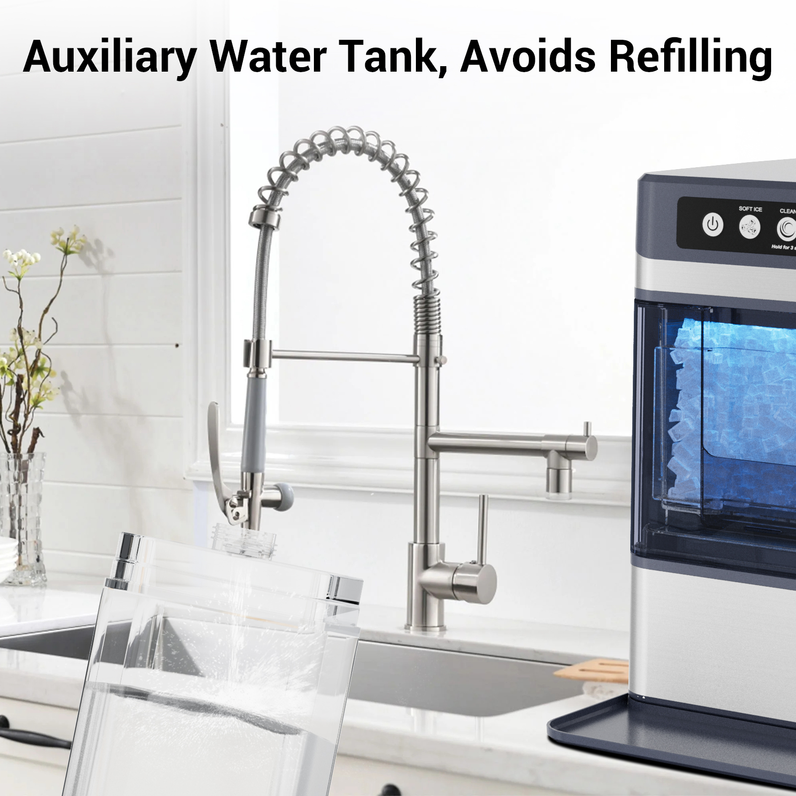 Ecojoy Stainless Steels Portable Countertop Nugget Ice Maker, 44Lbs/24H, Residential, Silver