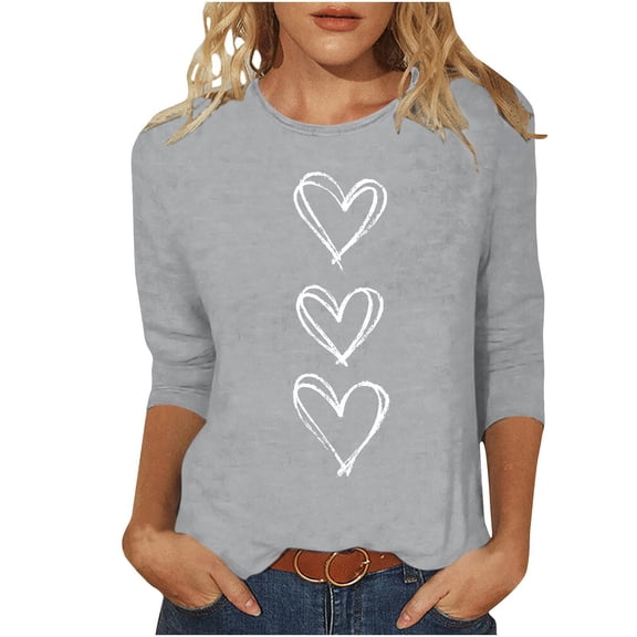 FDGIU Valentines Tops for Women Plus Size - 3/4 Sleeve Heart Print Tee Soft Basic T-Shirt