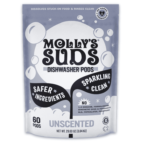 Molly's Suds Dishwasher Pods | Natural Dishwasher Detergent, Cuts Grease & Rinses Clean (Residue-Free) for Sparkling Dishes | 60 Auto-Release Tabs (Unscented)