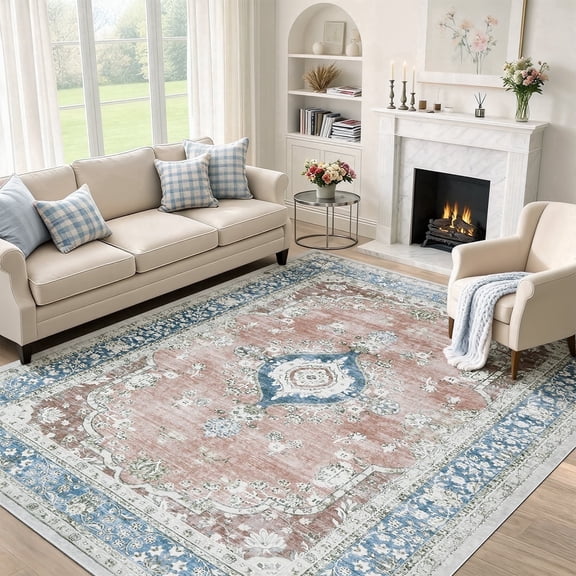 8'x10' Area Rugs for Living Room Washable, Persian Pink Vintage Boho Non Slip Rug- Oriental Traditional Farmhouse Carpet for Bedrooms Dining Room, Living Room, Home Office.