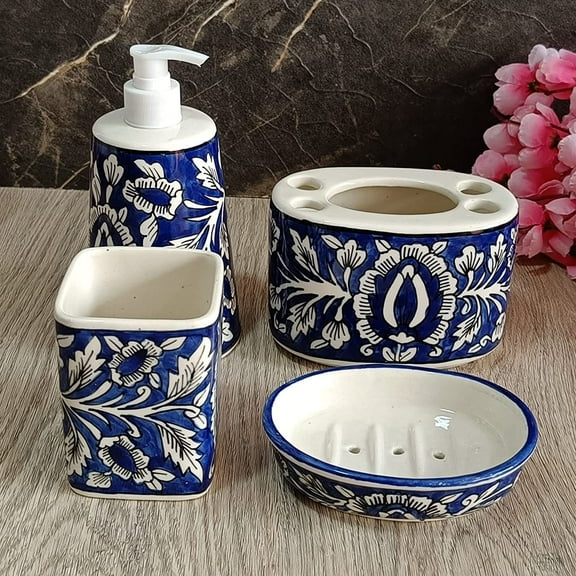 India Meets India Ceramic Hand-Painted Bathroom Accessories Set, Ceramic Soap Dispenser | Toothbrush Holder | Soap Dish Tray | Tumbler, Ceramic Bath Set for Home/Offices/Restaurants, Blue Color