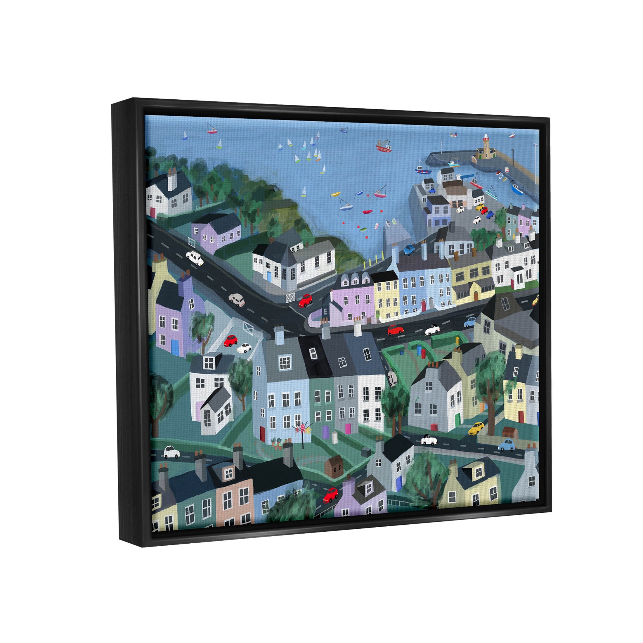 Stupell Industries Port Town Neighborhood Houses Graphic Art Jet Black Floating Framed Canvas Print Wall Art, Design by Carla Daly
